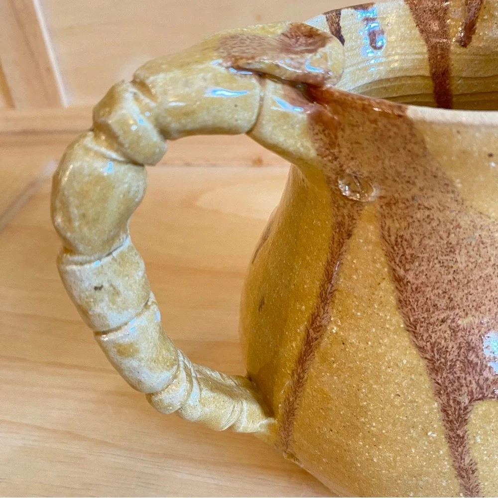 Handmade Studio PLUMPOTTERY G Yellow Brown‎ Glaze Stoneware Pottery Pitcher Jug